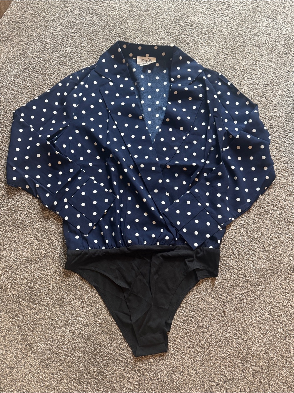 Polka Dot Navy Wrap Bodysuit with Black Bottom